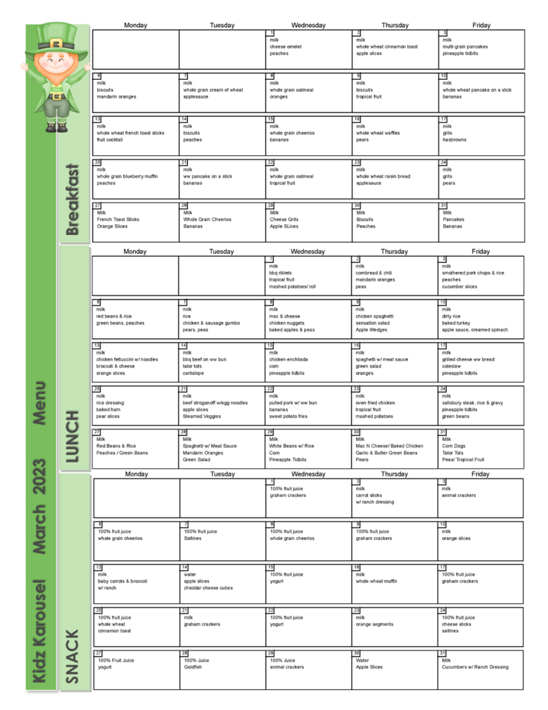 Menus Kidz Karousel Early Childhood Developmental Centers